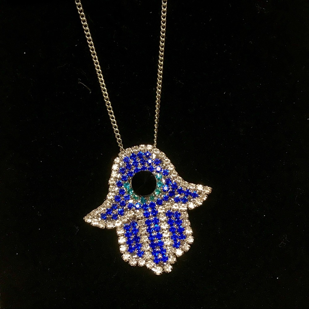 Rhinestone Hamsa Evil Eye Necklace & Stud Earrings